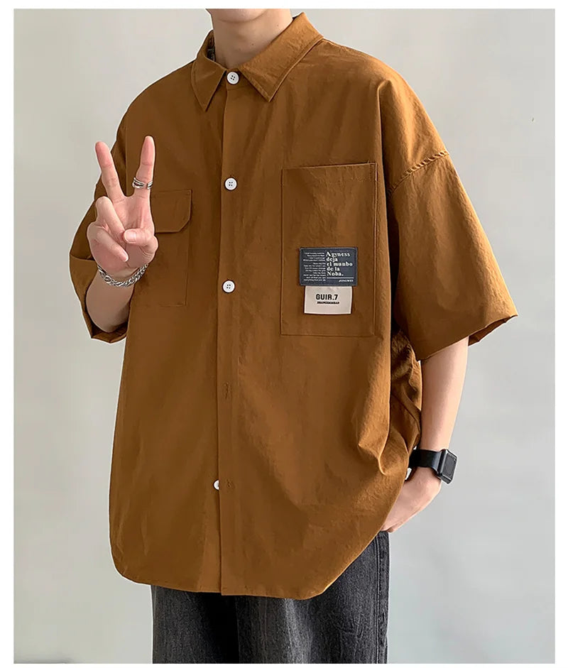 Camisa Oversize de Verano para Hombre – Estilo Japonés con Bolsillos Múltiples y Cuello Casual