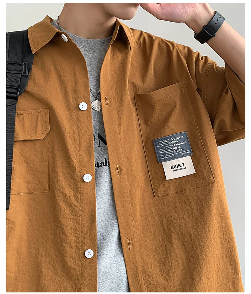 Camisa Oversize de Verano para Hombre – Estilo Japonés con Bolsillos Múltiples y Cuello Casual