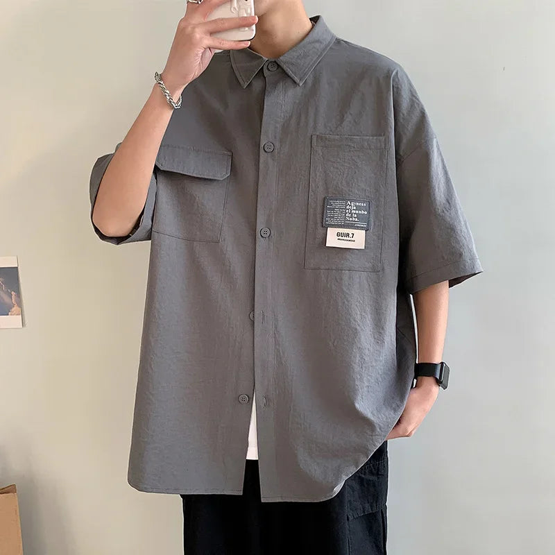 Camisa Oversize de Verano para Hombre – Estilo Japonés con Bolsillos Múltiples y Cuello Casual