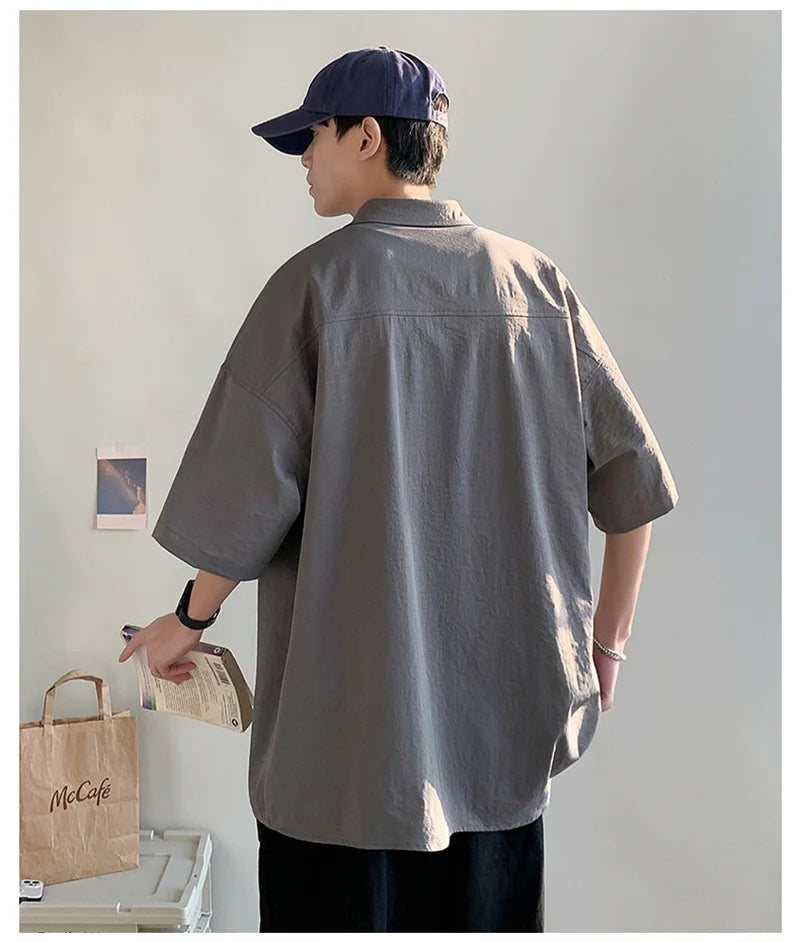 Camisa Oversize de Verano para Hombre – Estilo Japonés con Bolsillos Múltiples y Cuello Casual