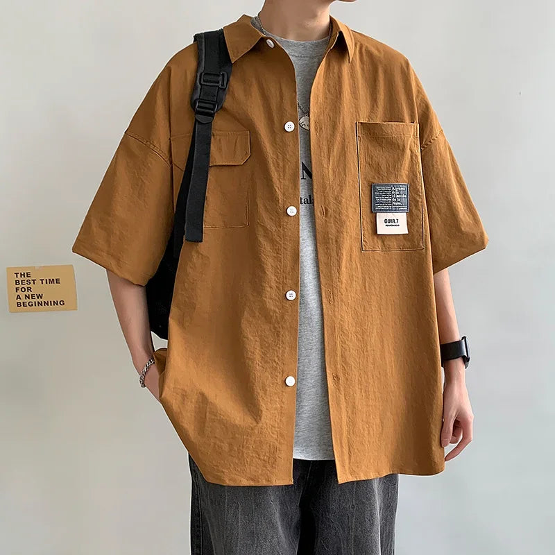 Camisa Oversize de Verano para Hombre – Estilo Japonés con Bolsillos Múltiples y Cuello Casual