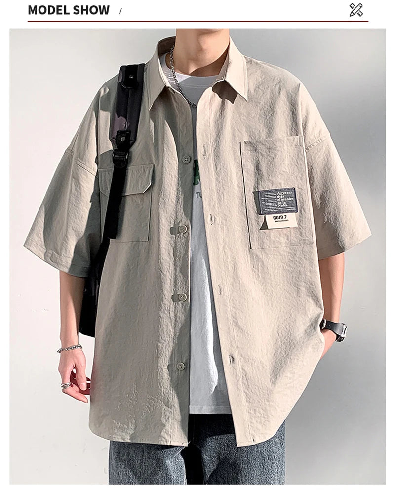 Camisa Oversize de Verano para Hombre – Estilo Japonés con Bolsillos Múltiples y Cuello Casual