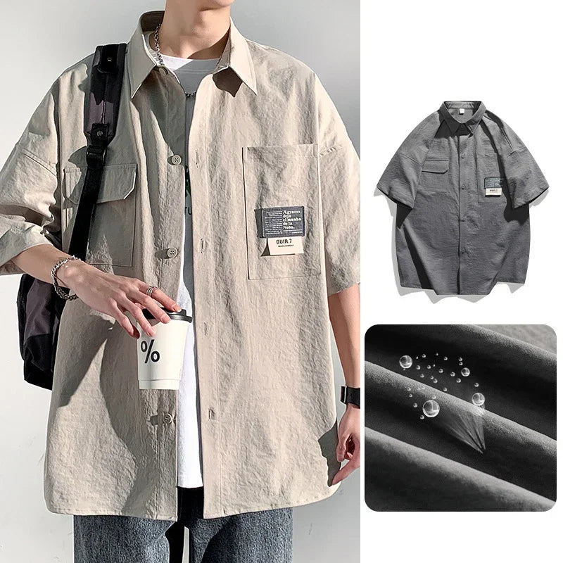 Camisa Oversize de Verano para Hombre – Estilo Japonés con Bolsillos Múltiples y Cuello Casual